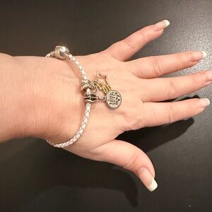 White Leather 925 Sterling silver closure braided bracelet with 2 metal charms